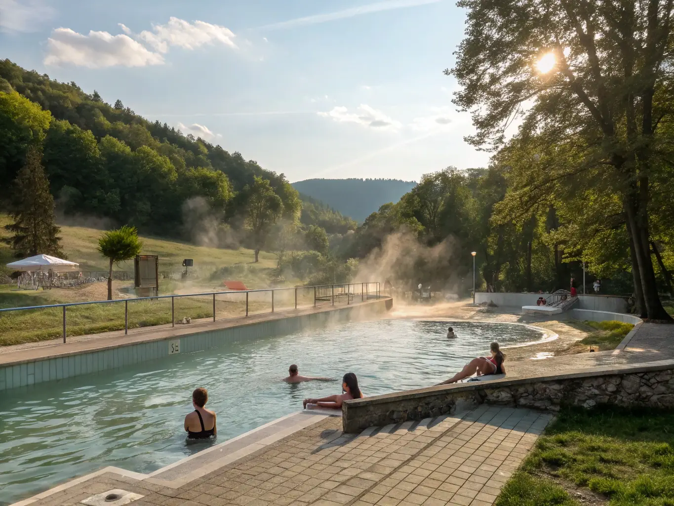 A rooftop thermal pool with panoramic views of the Budapest skyline.
