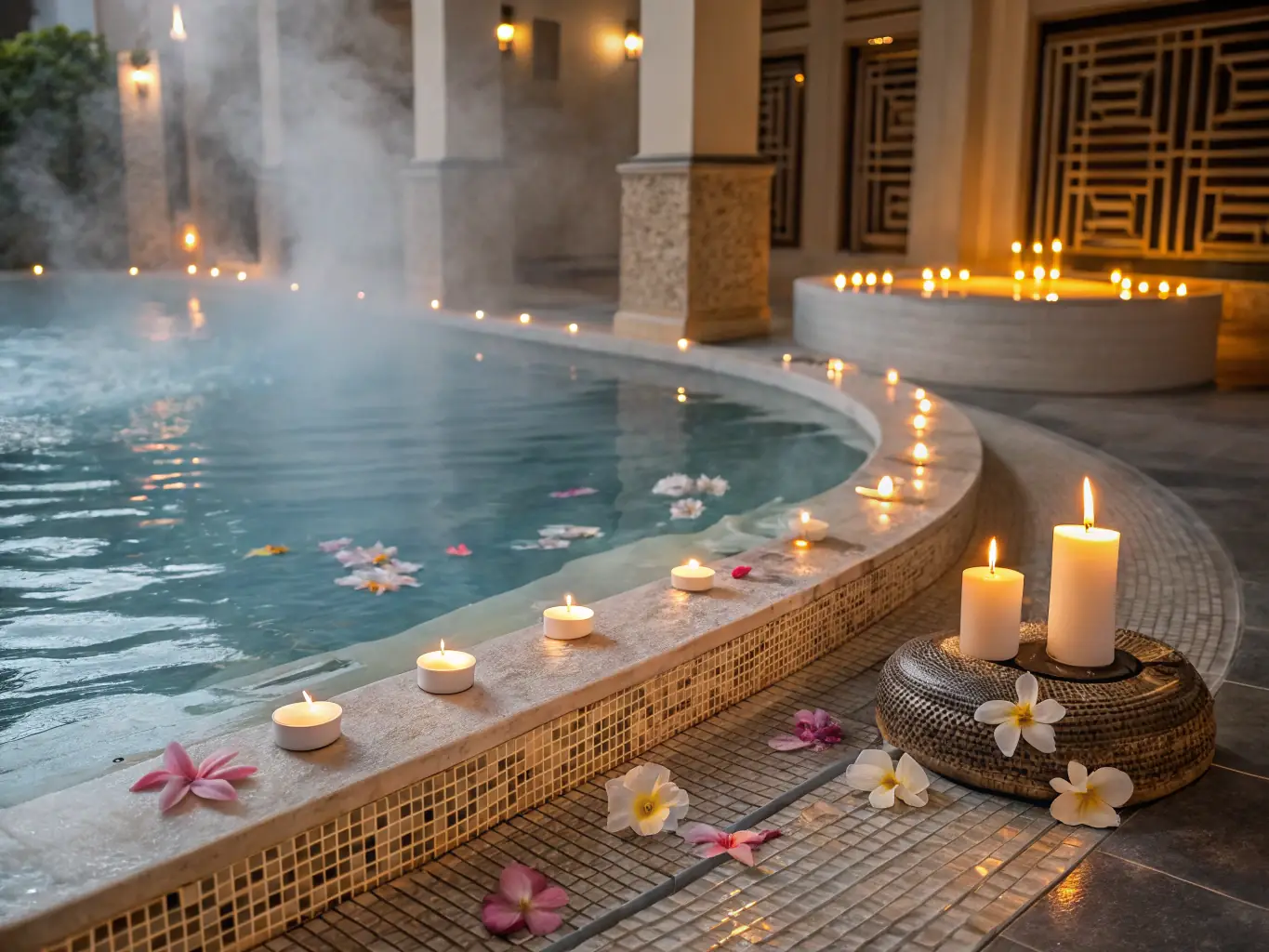 A large outdoor thermal pool with people relaxing in the water.